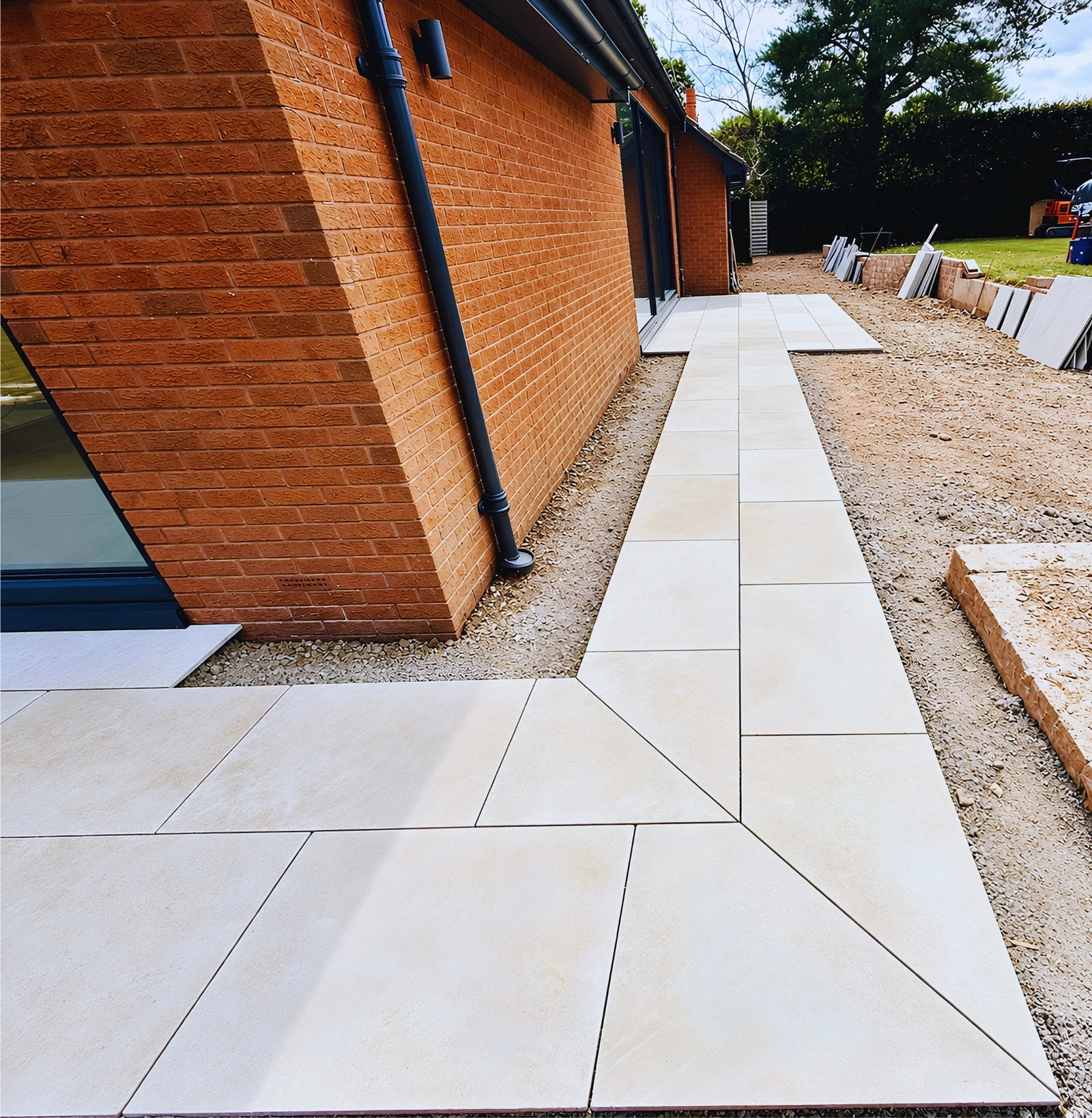 A bespoke mitred corner in pale stone paving, where two paving runs meet at an angle against the house