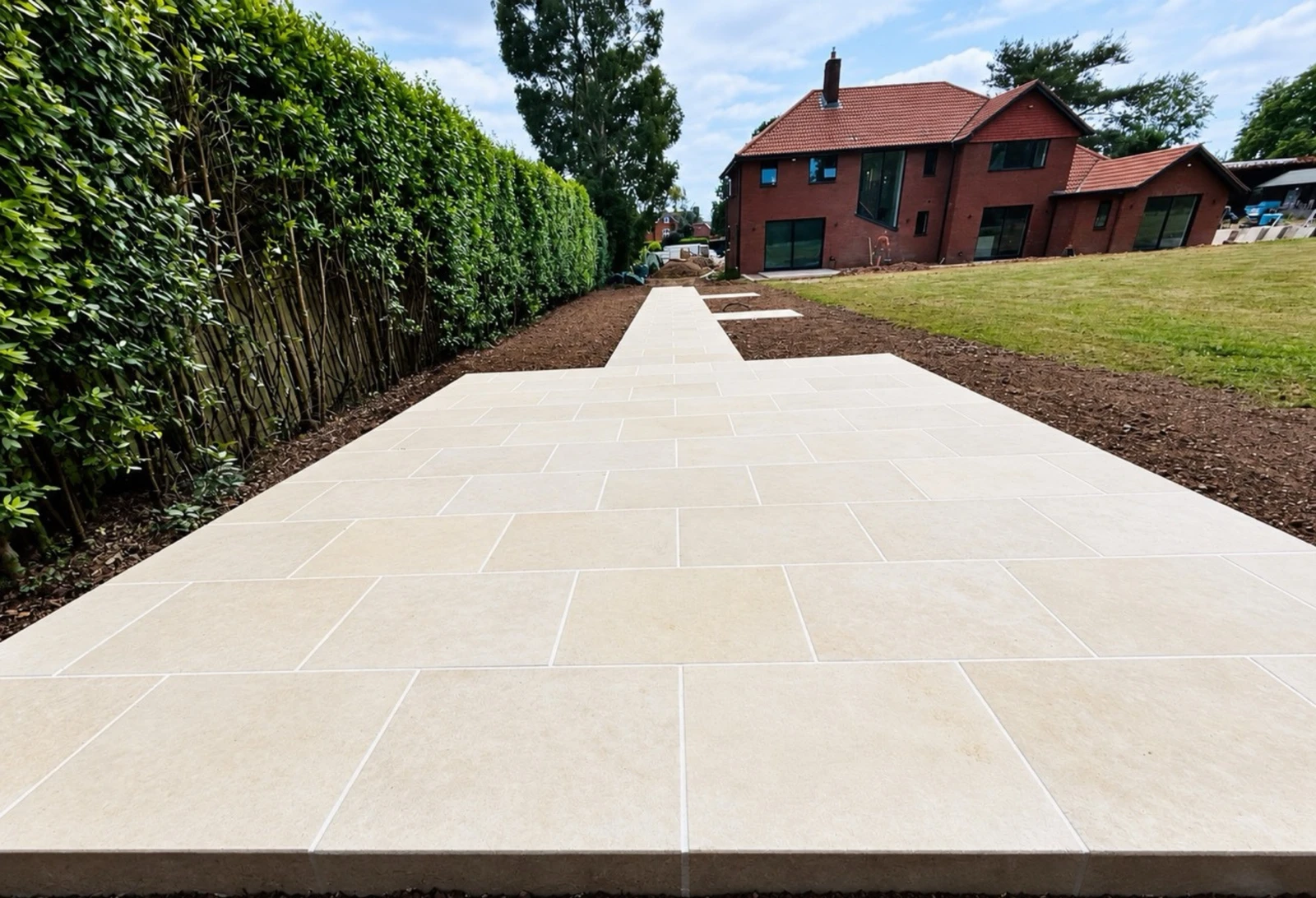 A finished limestone terrace running the length of a garden, with a clipped hedge along one side and lawn and mature trees beyond.