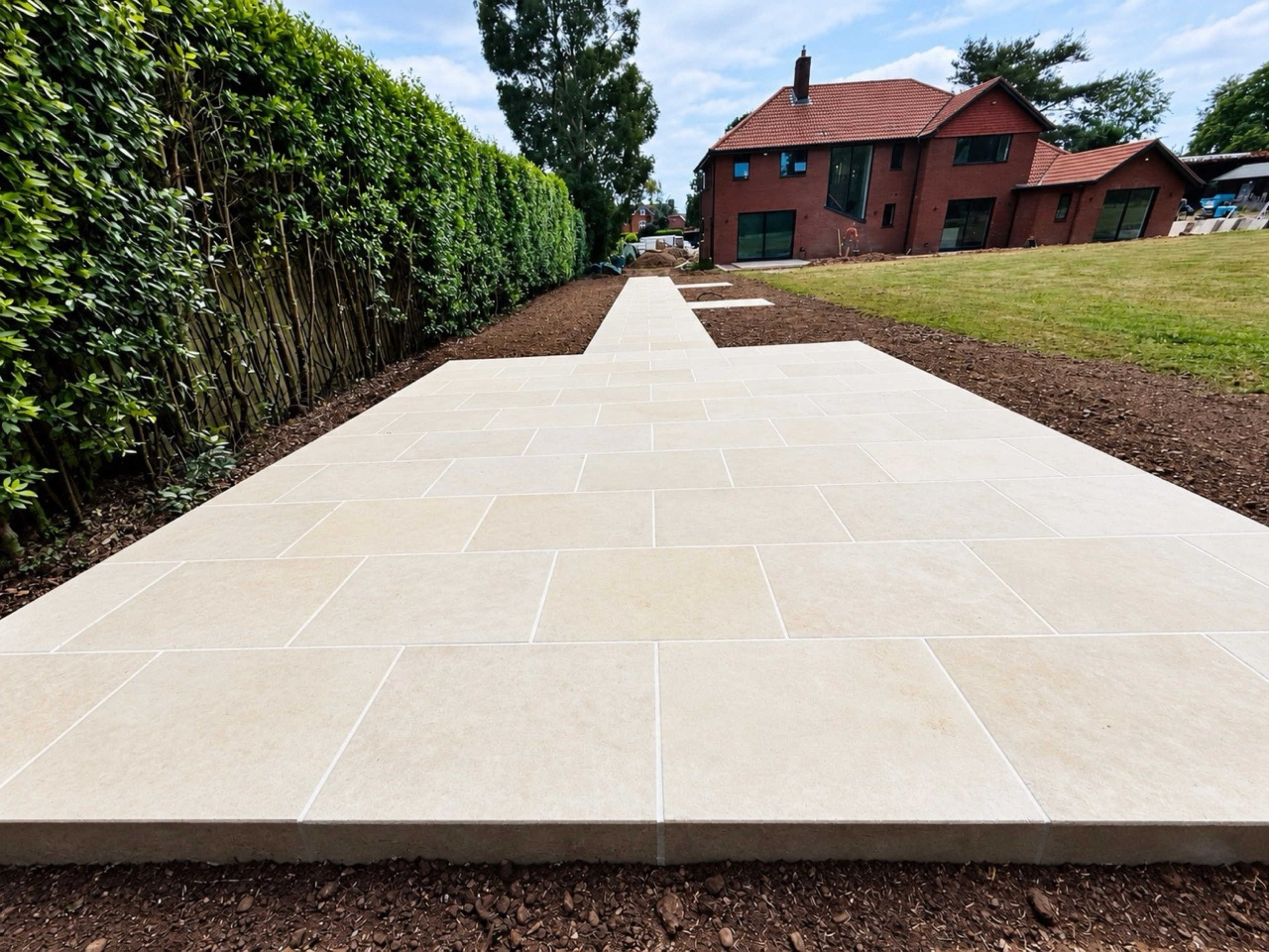 The finished limestone path running the length of the garden towards the house.
