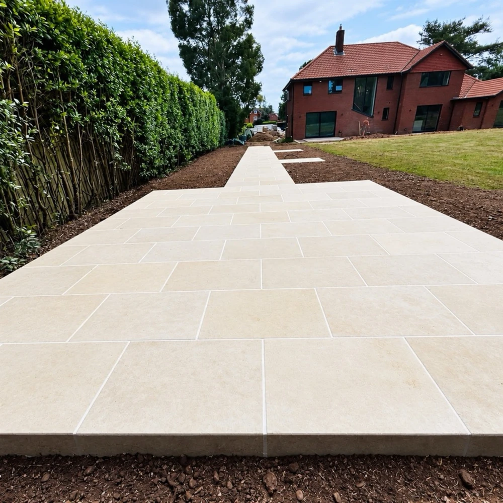 The finished limestone path running the length of the garden towards the house.
