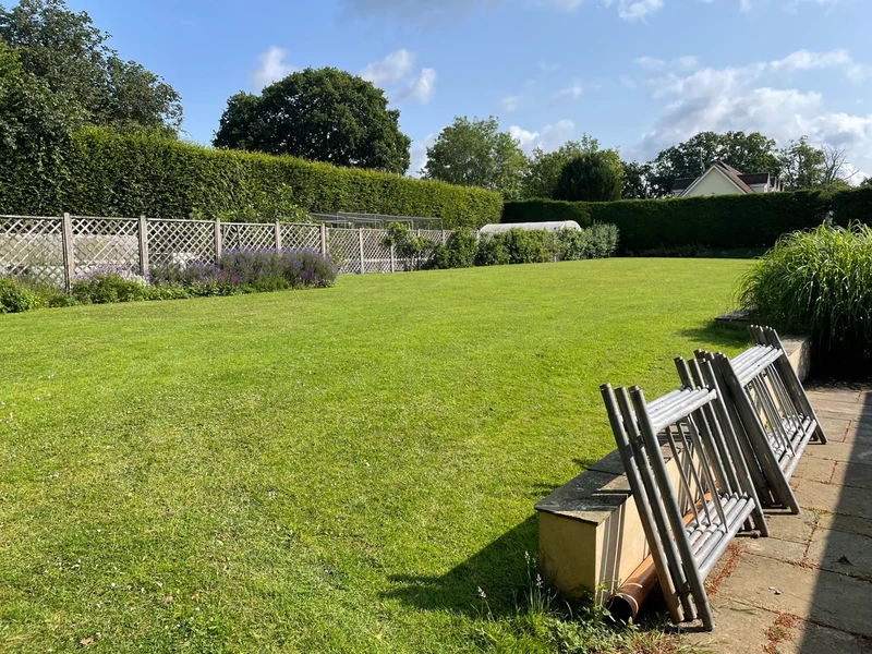 The garden at Exton before work began, looking across the lawn towards the mature hedging.