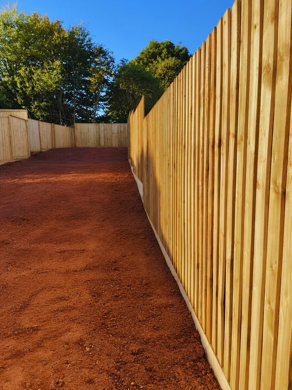 A tall featheredge fence enclosing a garden, with a mulched border, a garden shed and more fencing visible beyond